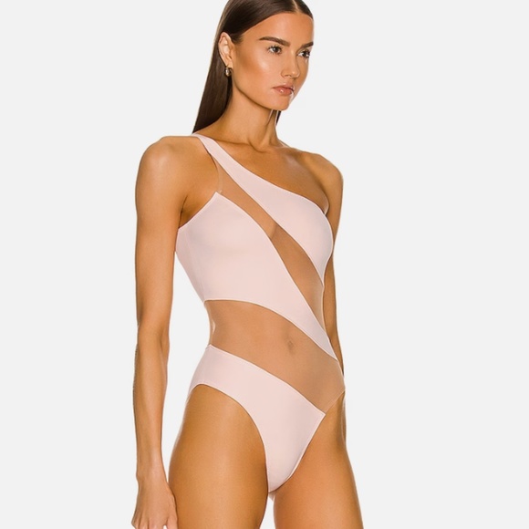 Norma Kamali One-shoulder Mesh-Panel Snake Swimsuit In Blush Sz M - Picture 3 of 9
